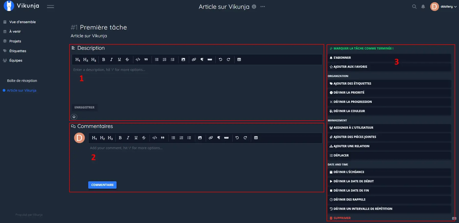 Page de gestion d&#x27;une tâche